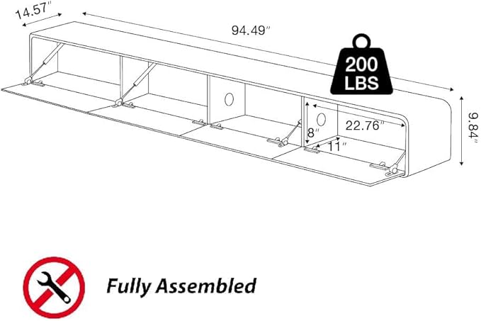 POVISON Fully-Assembled Minimalist Floating TV Stand with LED Lights, Modern Wall-Mounted Media Console with 4 Drawers for 85 Inch TV, Walnut Veneer, 94"