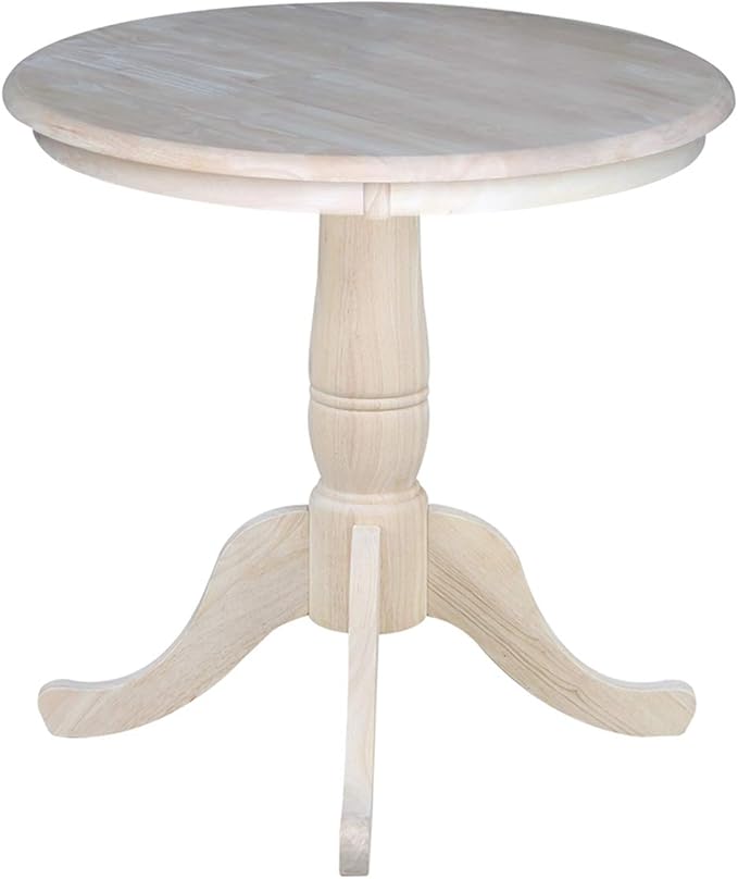 International Concepts 30" Round Top Pedestal Dining Table Solid Real Wood, Sturdy Parawood, Dimensions 30" D x 30" W x 28.8" H, Paint/Stain Ready, Unfinished