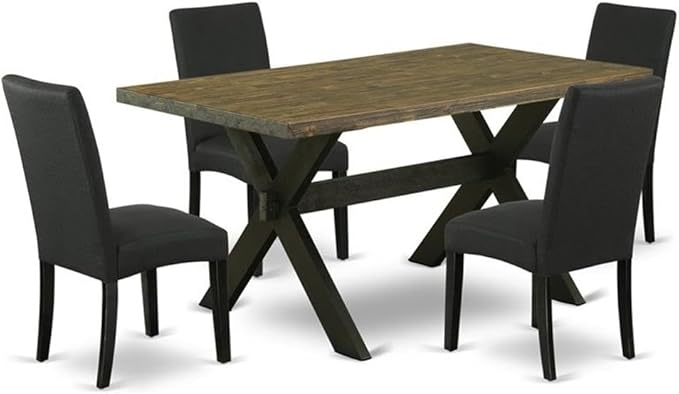 East West Furniture X676DR124-5 5 Piece Dining Room Table Set Includes a Rectangle Kitchen Table with X-Legs and 4 Black Color Linen Fabric Parson Dining Chairs, 36x60 Inch, Multi-Color