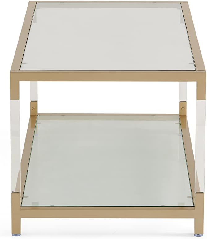 AGV LIGHTING 202205 BLEVIO Coffee Table, Modern Design Dual-Layer Coffee Table, Perfect for Living Space, Ultra-Clear Glass Top, Transparent Acrylic Leg & Gold Finish Metal Frame
