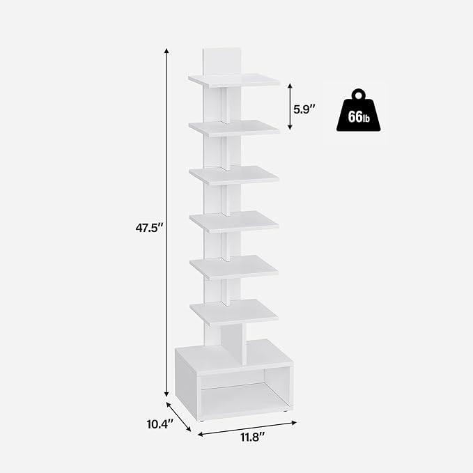 TUTOTAK Narrow Bookshelf, Vertical 8-Tier Bookcase, Spine Book Shelf for Small Space, Small Standing Shelf for Living Room, Office, Study, Entryway, White BS07BW008