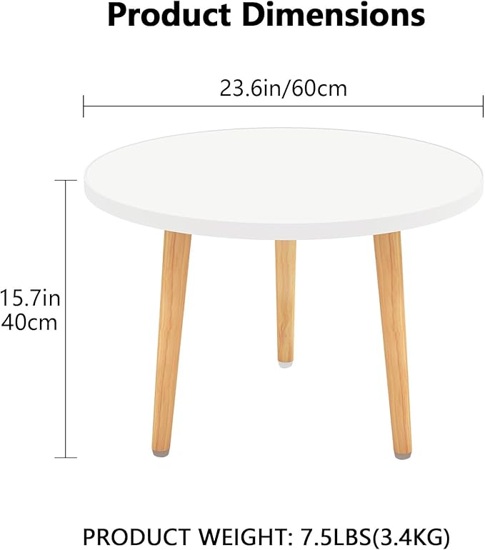 Round Coffee Table Low Table with 3 Solid Wood Sturdy Legs, Floor Table Desk for Sitting on The Floor, Storage and Living Room Furniture (White)