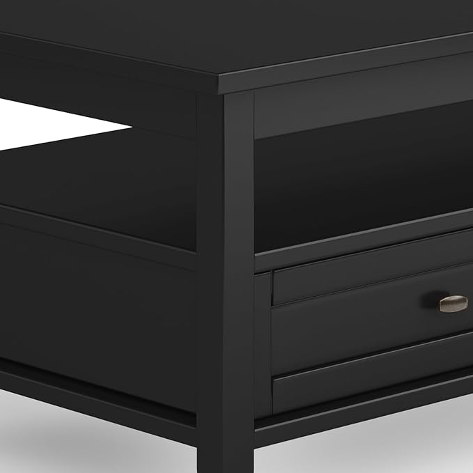 SIMPLIHOME Warm Shaker Coffee Table - 48 inch Wide Solid Wood Cocktail Table in Black, Transitional Living Room Table with 2 Storage Drawers and Open Shelf for Sitting Area or Lounge