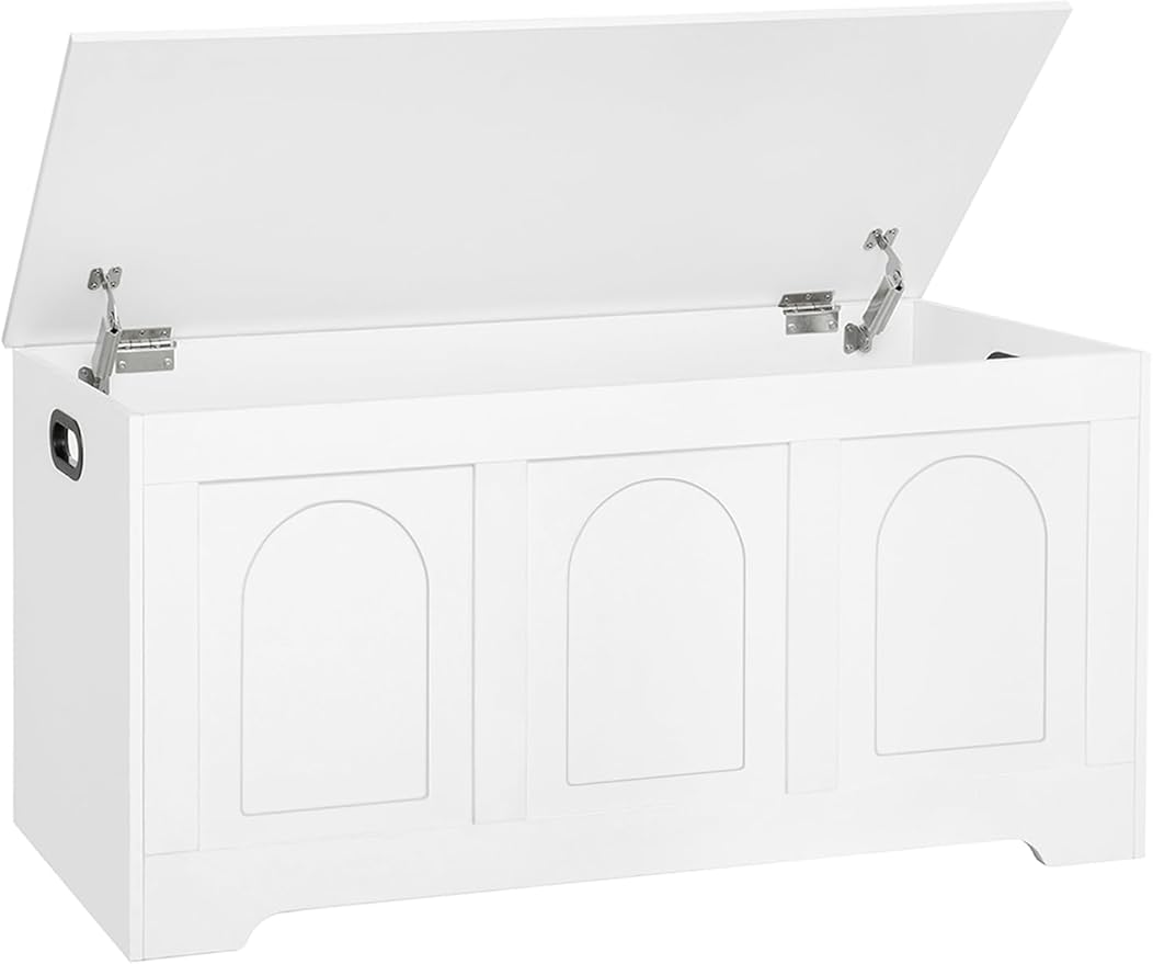 DINZI LVJ Storage Chest, 39.4”Wooden Storage Box with 2 Safety Hinges, Entryway Shoe Bench with Flip-Top, Trunk for Living Room, Bedroom, Easy Assembly, White