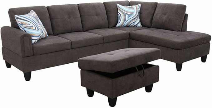 Dark Brown L-Shaped 3-Piece Flannel Sofa with Storage Ottoman Set, Sectional Couch Sofa Set for Living Room, Office, Small Space