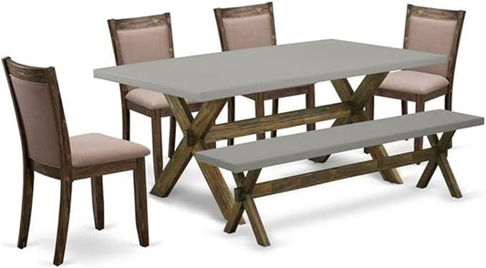 East West Furniture X797MZ748-6 6 Piece Dinette Set Contains a Rectangle Dining Table with X-Legs and 4 Coffee Linen Fabric Parson Chairs with a Bench, 40x72 Inch, Multi-Color