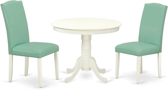 East West Furniture ANEN3-LWH-57 3 Piece Dinette Set for Small Spaces Contains a Round Kitchen Table with Pedestal and 2 Pond Faux Leather Parson Dining Chairs, 36x36 Inch, Linen White
