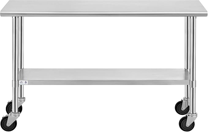 ROCKPOINT Stainless Steel Table for Prep & Work with Caster Wheels 18x60 Inches, NSF Metal Commercial Kitchen Heavy Duty Table with Adjustable Under Shelf and Table Foot for Restaurant, Home and Hotel