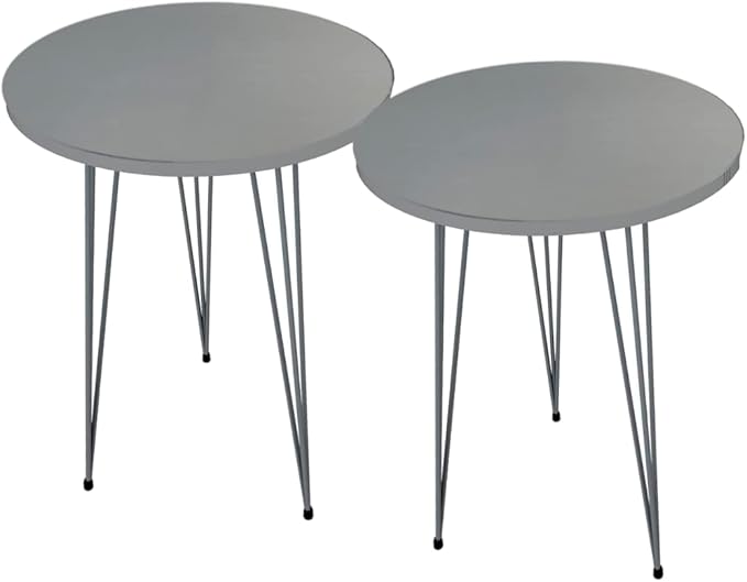 PAK HOME - Set of 2 End Table - High Gloss Grey Wood Round Sofa Side Coffee Tables for Small Spaces, Nightstand Bedside Table with Metal Silver Legs for Small Spaces