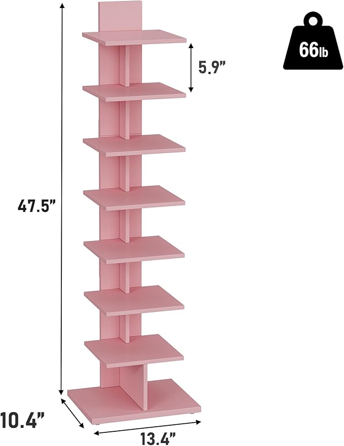 TUTOTAK Bookshelf, 8-Tier Bookcase, Narrow Spine Book Shelf for Small Space, Corner Standing Shelf for Living Room, Office, Study, Entryway, Pink BS06BP008