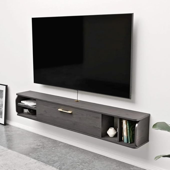 Floating TV Unit, 76'' Wall Mounted TV Cabinet, Floating Shelves with 4 Cabinets, Wood Entertainment Media Console Center Large Storage TV Bench for Living Room & Office (75.98IN, Dark Grey)