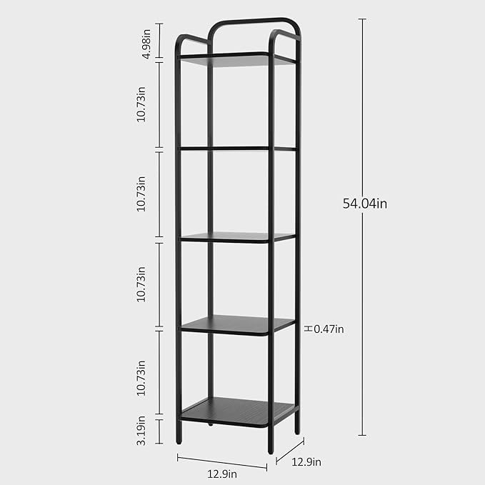 Book Shelf, 5 Tier Bookshelf, Bookcase with 5 Shelves, Storage Rack Organizer, Corner Wood Storage Shelf with Metal Frame for Bedroom, Living Room, Black