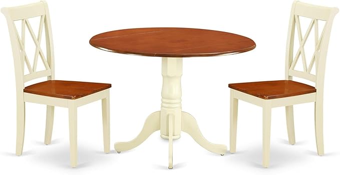 East West Furniture DLCL3-BMK-W 3 Piece Dinette Set for Small Spaces Contains a Round Dining Table with Dropleaf and 2 Dining Chairs, 42x42 Inch, Buttermilk & Cherry