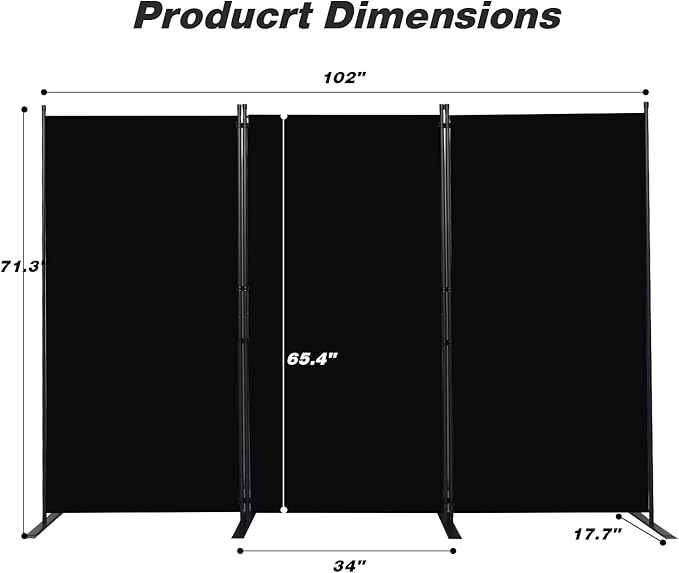 Room Divider, 3 Panel Folding Privacy Screens with Wider Support Feet, 6 Ft Portable Room Partition for Room Separator, 102" W X 71" H, Black