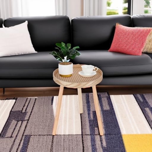 Small Side Table, Rattan Nightstand, Round End Boho Bedside Accent Mid-Century Modern Bed Tables for Living Room Bedroom Office Balcony(Natural Walnut)