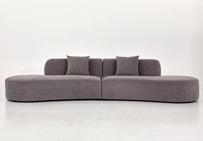 Container Furniture Direct 132" Curved Sofa with Throw Pillows, 6 Seater Luxury Velvet Couch with Half Moon Design and High-Density Foam, Ideal for Modern Living Room, Office & Apartment, Grey