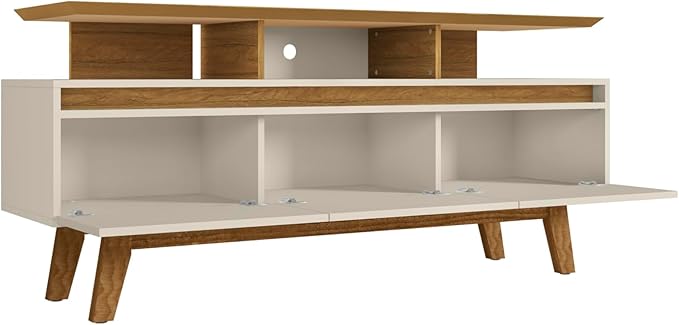 Manhattan Comfort Yonkers 63 Inch Mid Century Modern TV Stand with Storage, 3 Flip Down Door, Hole for Wire Management, Fits Up to 60" Television, Durable & Versatile Console Table, Off White/Cinnamon