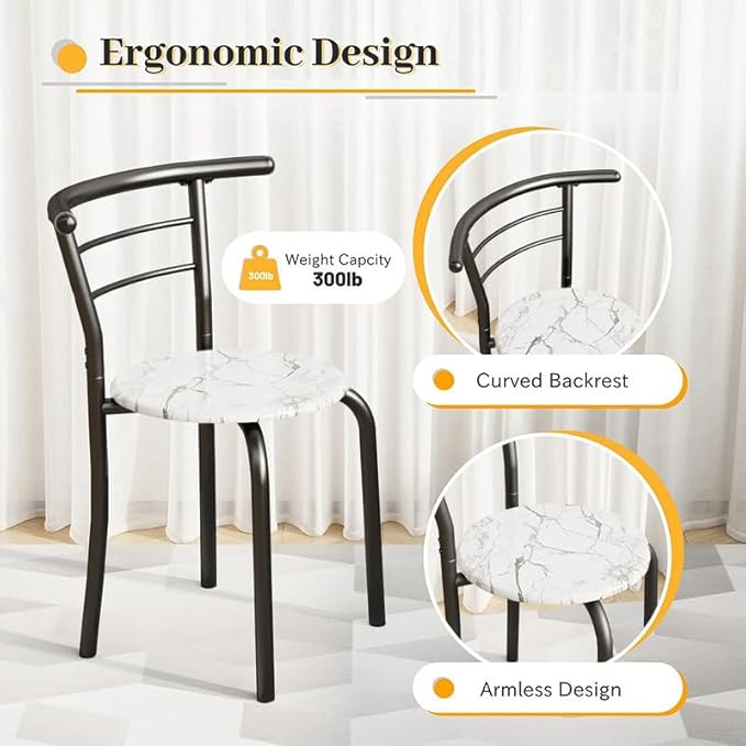 Shahoo 3-Piece Wooden Dining Table Set, Kitchen Breakfast Nook Sets with 2 Chairs & Round Tabletop, Space Saving Furniture Metal Frame and Built-in Wine Rack, Marble White & Black