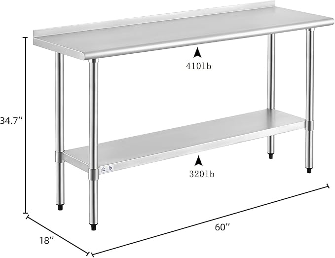 ROCKPOINT Stainless Steel Table for Prep & Work with Backsplash 18x60 Inches, NSF Metal Commercial Kitchen Heavy Duty Table with Adjustable Under Shelf and Table Foot for Restaurant, Home and Hotel