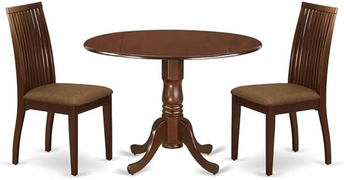 East West Furniture DLIP3-MAH-C 3 Piece Modern Dining Table Set Contains a Round Wooden Table with Dropleaf and 2 Linen Fabric Upholstered Dining Chairs, 42x42 Inch, Mahogany