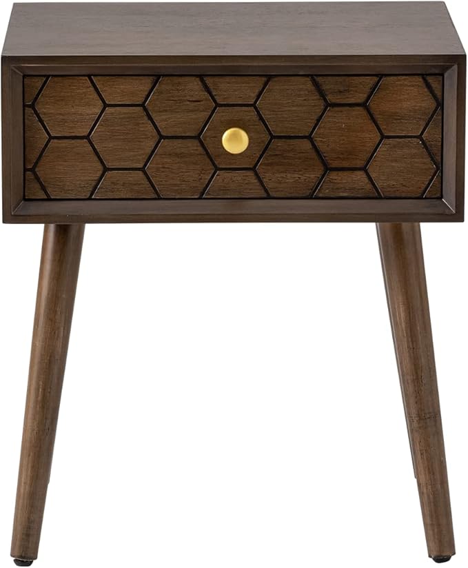 COSIEST Mid-Century Nightstand, Modern MDF Bedside Table, Wood Accent End Table with One Storage Drawer for Bedroom Living Room, Brown