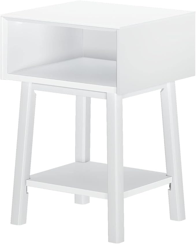 Plank+Beam Wooden Side Table with Cubby Storage Shelf, Mid Century Modern End Tables for Living Room, Small Solid Wood Nightstand, Bedside Tables, Bedroom Furniture, White