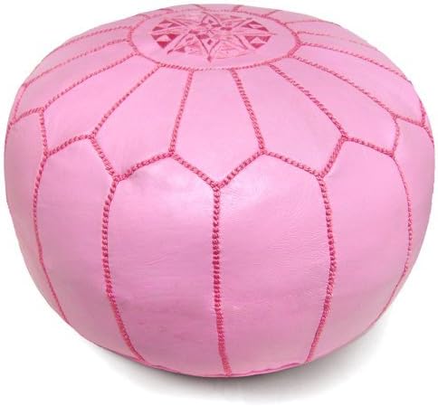 Stuffed Round Design Moroccan Leather Pouf Ottoman, Handmade, Pre-Filled, 100% Genuine Leather, 13” Height x 20” Diameter, Footstool & Living Room Décor (Pink)