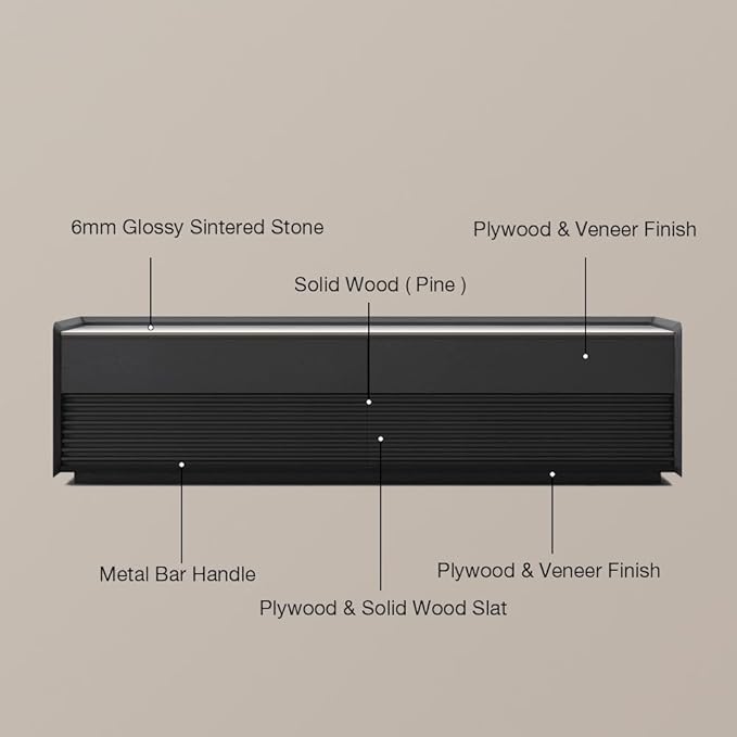 POVISON Fully-Assembled Mid Century Glossy Sintered Stone TV Stand, 70.87" Wood Media Console with Adjustable LED Light, Entertainment Center with Storage for Living Room