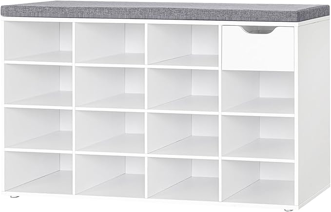 DINZI LVJ Shoe Bench, Entryway Storage Bench with Drawer and 15 Cubbies, Cubby Shoe Rack with Adjustable Shelves, Shoe Organizer Cabinet for Living Room, Bedroom, Mudroom, Closet and Garage, White