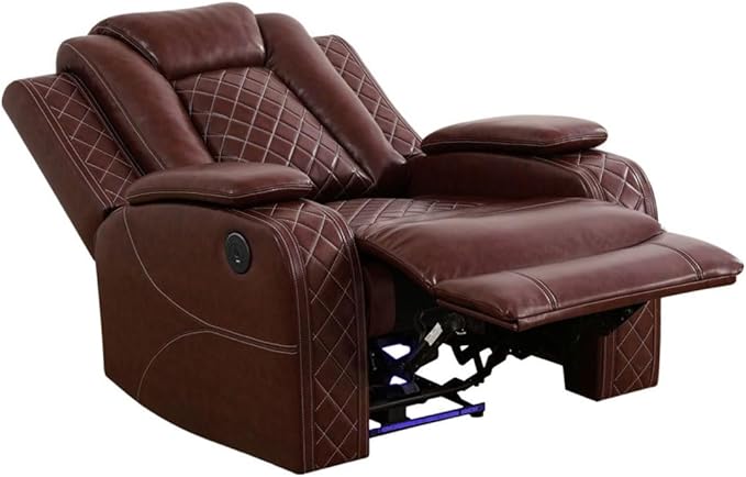 Electric Power Recliner Chair Living Room Furniture, Comfy Wide Lazy Home Theater Breathing Leather Seating with USB 2.0 Charging Ports, LED Light Strips (Red)