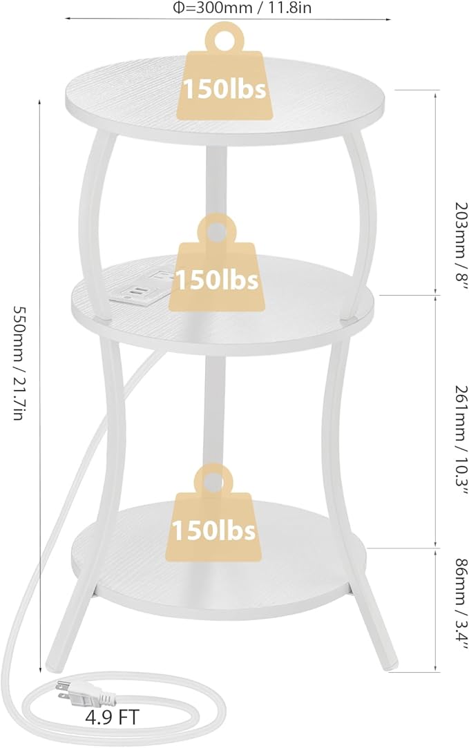 Small Round Side Table with Charging Station, 3-Tier Waist Circular End Table with Storage Shelf, Compact Tea Sofa Side Table Small Spaces, Round Corner Coffee Table for Living Room Bedroon,White