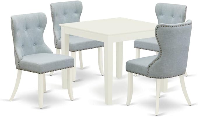 East West Furniture OXSI5-LWH-15 5 Piece Dining Table Set for 4 Includes a Square Kitchen Table and 4 Baby Blue Linen Fabric Upholstered Parson Chairs, 36x36 Inch, Linen White