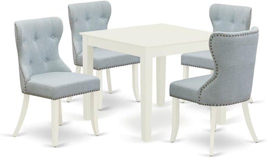 East West Furniture OXSI5-LWH-15 5 Piece Dining Table Set for 4 Includes a Square Kitchen Table and 4 Baby Blue Linen Fabric Upholstered Parson Chairs, 36x36 Inch, Linen White