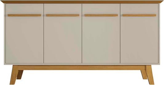 Manhattan Comfort Yonkers Mid Century Modern Sideboard Cabinet with Soft Close Doors, 4 Cubby Storage Spaces, Solid Wood Splayed Legs, Versatile Accent Buffet Stand, Off White/Cinnamon