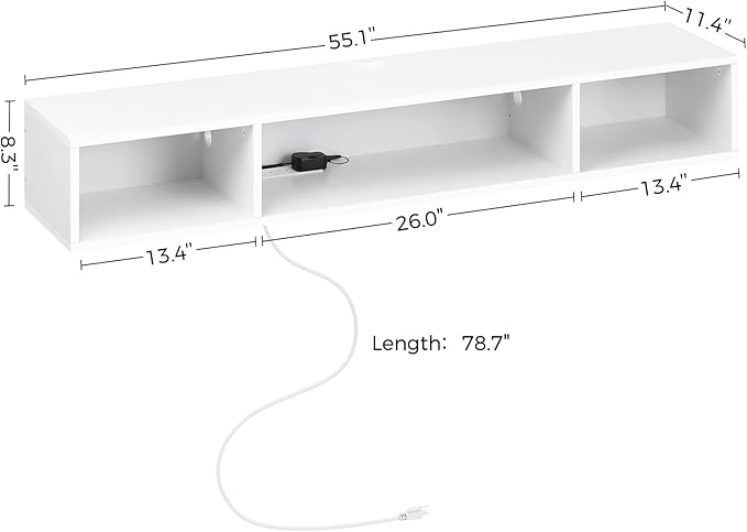 Rolanstar TV Stand with Power Outlet, Floating TV Stand with RGB Lights, 55.1" Wall Mounted TV Shelf, White Media Console with Storage Shelf, Entertainment Under TV for Living Room, Bedroom