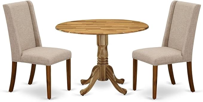 East West Furniture DLFL3-ANA-04 3 Piece Dining Table Set Contains a Round Dining Room Table with Dropleaf and 2 Light Tan Linen Fabric Upholstered Chairs, 42x42 Inch, Natural