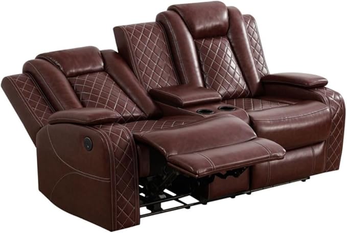 Electric Power Recliner Loveseat Set Living Room Furniture, Comfy Home Theater Breathing Leather Seating with USB 2.0 Charging Ports, LED Light Strips, Mid Console and Cupholders (Red)