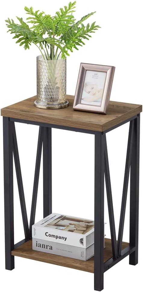 FOLUBAN Side Table with Storage Shelf, Rustic End Table for Living Room, Wood and Metal Nightstand for Bedroom, Oak