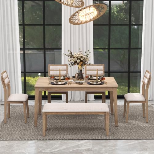 SogesHome Classic 6-Piece Dining Table Set, Rectangular Wooden Kitchen Table with Upholstered Chairs & Bench for Dining Room, Traditional Retro Farmhouse Dining Table for Kitchen, Natural