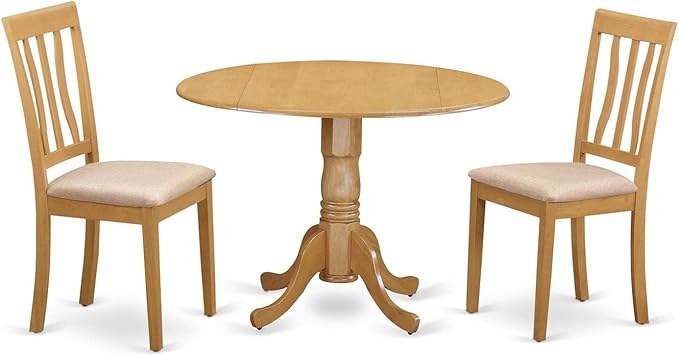 East West Furniture DLAN3-OAK-C 3 Piece Kitchen Table & Chairs Set Contains a Round Dining Room Table with Dropleaf and 2 Linen Fabric Upholstered Dining Chairs, 42x42 Inch, Oak
