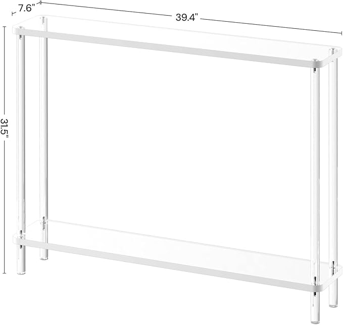 Acrylic Narrow Console Table for Entryway, 7.6" D x 39.4" W x 31.5" H, Cylindrical Legs, Skinny Entry Table for Sofa, Foyer, Hallway, Living Room, Modern, 2-Tier, Clear