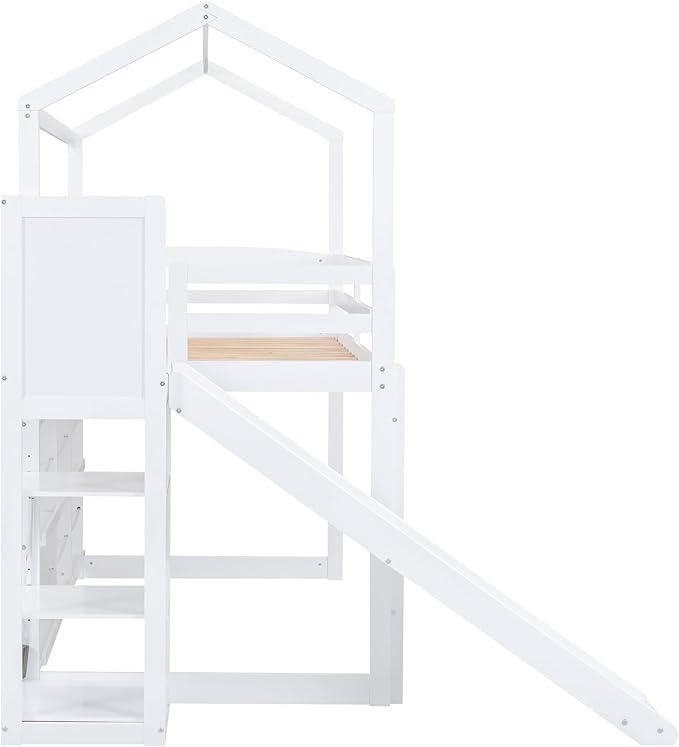 Twin Size House Loft Bed with Slide, Storage Shelves and Light, Wood Kids Bed Frame with Guardrail and Ladder,Climbing Ramp,for Teens Boys Girls Bedroom, White