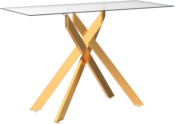 Modern Cross-Leg Console Table with 8mm Tempered Glass - Gold Geometric Entryway Table for Living Room & Bedroom, 45”Lx18”Wx30”H (Luxury Gold Finish)