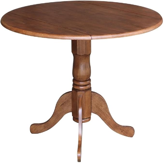 IC International Concepts 42-Inch Round Dual Drop Leaf Pedestal Dining Table, Elegant Space-Saving Furniture for Home and Office - Distressed Oak Finish