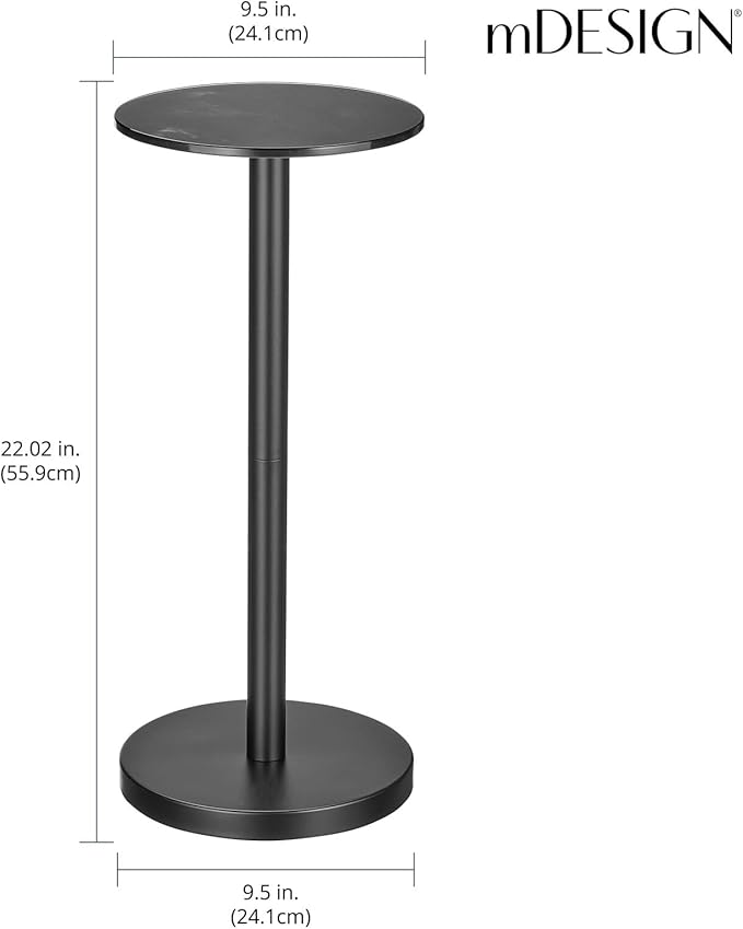 mDesign Glass Top Side/End Drink Table - Small Modern Round Accent Metal Nightstand Furniture for Living Room, Dorm, Home Office, and Bedroom - 9" Round - Black Marble/Black Print, 23780MDHS
