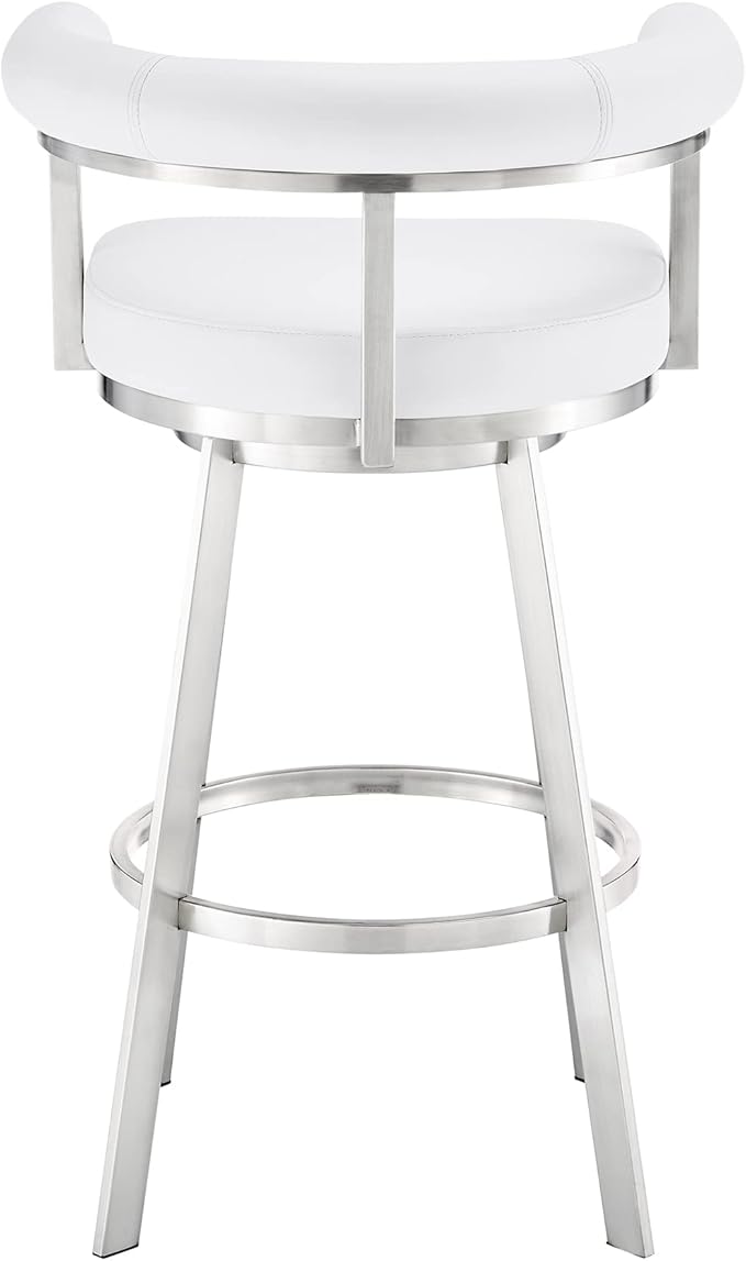 Armen Living Magnolia Swivel Counter Stool in Brushed Stainless Steel with White Faux Leather