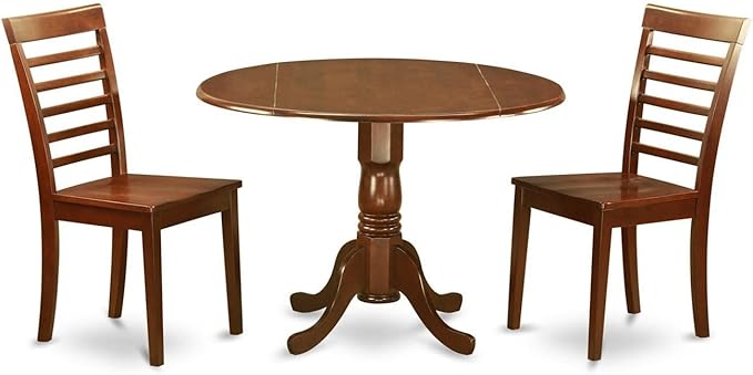 East West Furniture DLML3-MAH-W 3 Piece Modern Dining Table Set Contains a Round Wooden Table with Dropleaf and 2 Kitchen Dining Chairs, 42x42 Inch, Mahogany