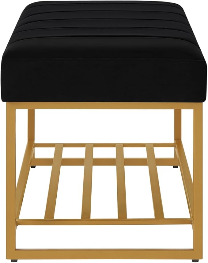 24KF Black Velvet Upholstered End of Bed Bench with Metal Shelf, Modern Tufted Channel Entryway Bench Footboard Bench for Living Room, Bedroom, Gold Bench,5036-Black