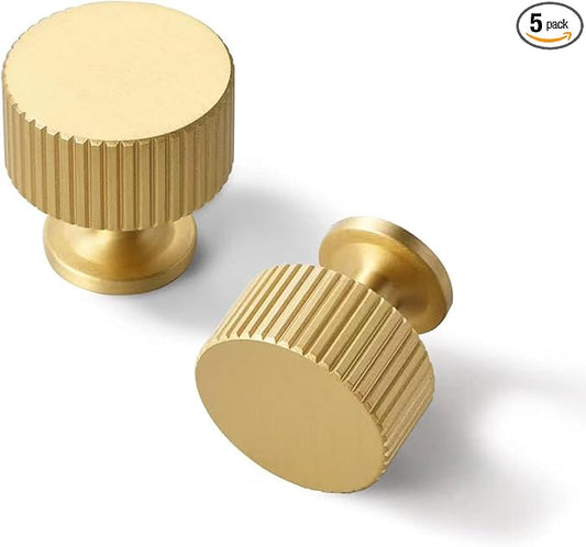 SALISENG- 5 Pack Solid Brass Kitchen Cabinet Knobs,Matt Gold Drawer Pulls, 1-1/10 Inch 28mm Diameter, Modern Furniture Handles for Cupboard Wardrobe (BOURGUE)