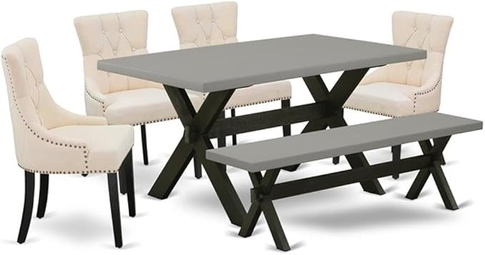 East West Furniture X696FR102-6 6 Piece Dining Set Contains a Rectangle Dining Room Table with X-Legs and 4 Light Beige Linen Fabric Parson Chairs with a Bench, 36x60 Inch, Multi-Color